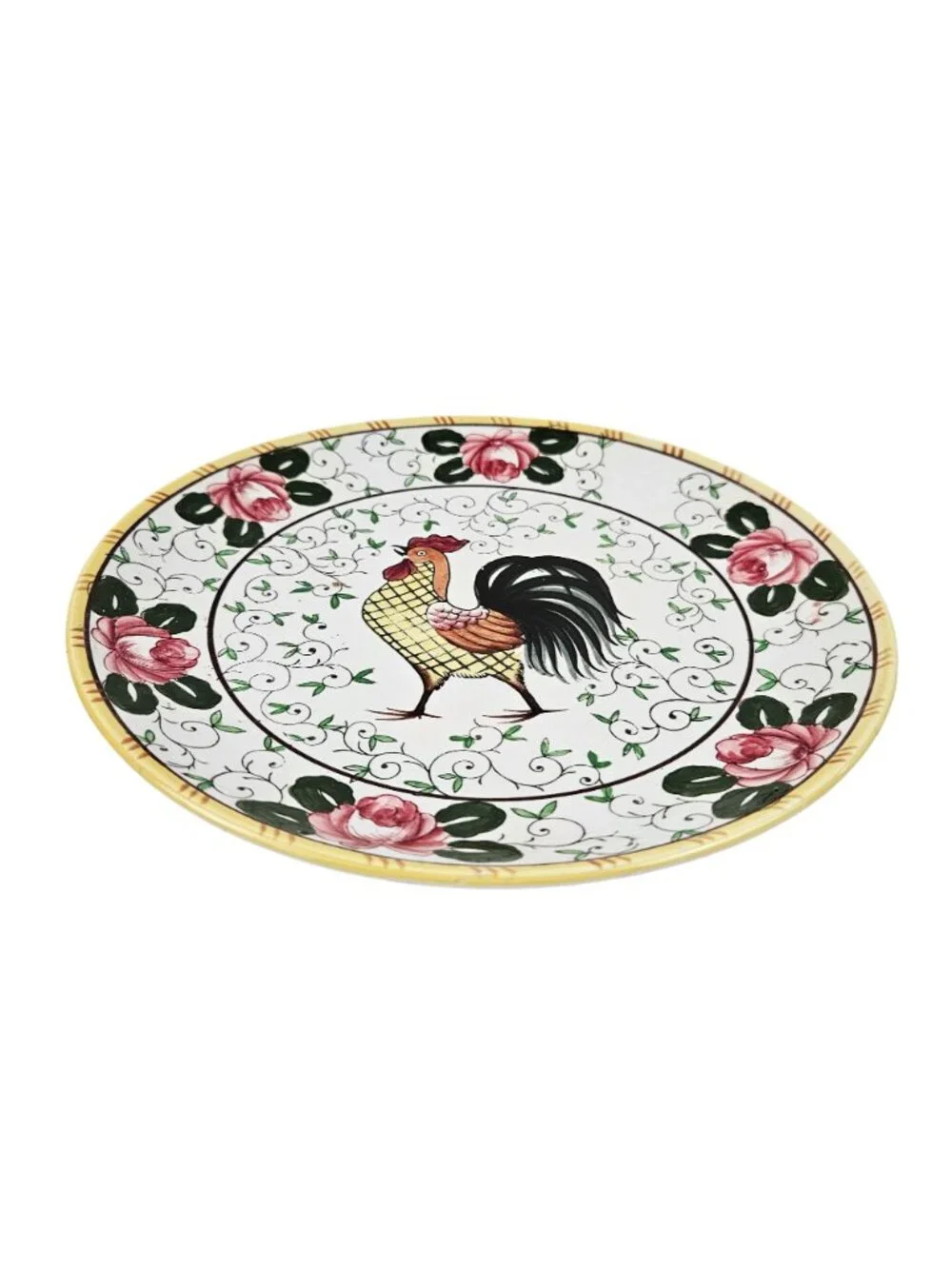 Early Provincial Dinner Plate Hand Painted Ceramic Rooster Roses UCAGCO Japan